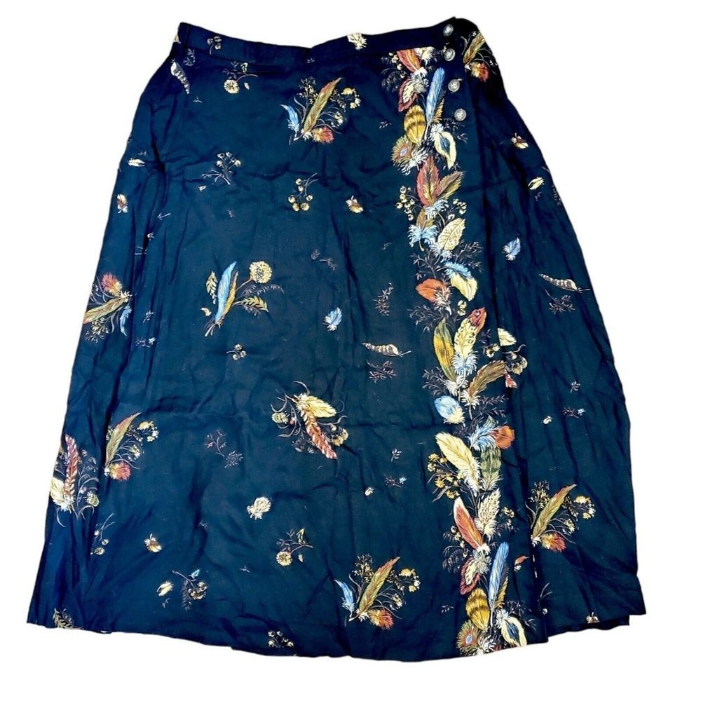 90s Medium Black Feather Print Boho Faux Wrap Midi Maxi Skirt Rayon USA - Picture 4 of 11